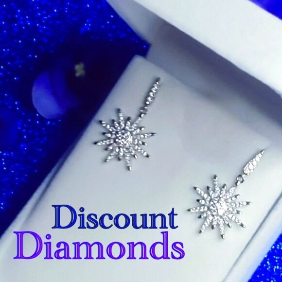 Clear White Baguette Diamond Starburst Earrings on 925 Silver - Picture 1 of 11